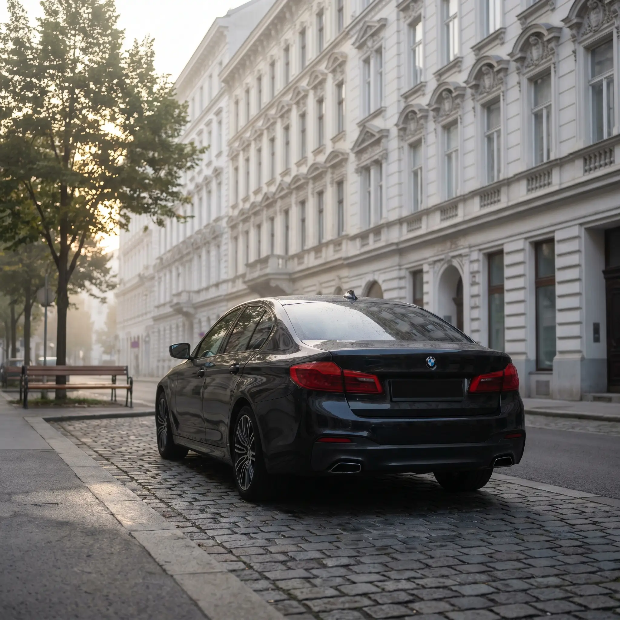 Schwarzer BMW 5er auf Wiener Kopfsteinpflaster im Morgenlicht